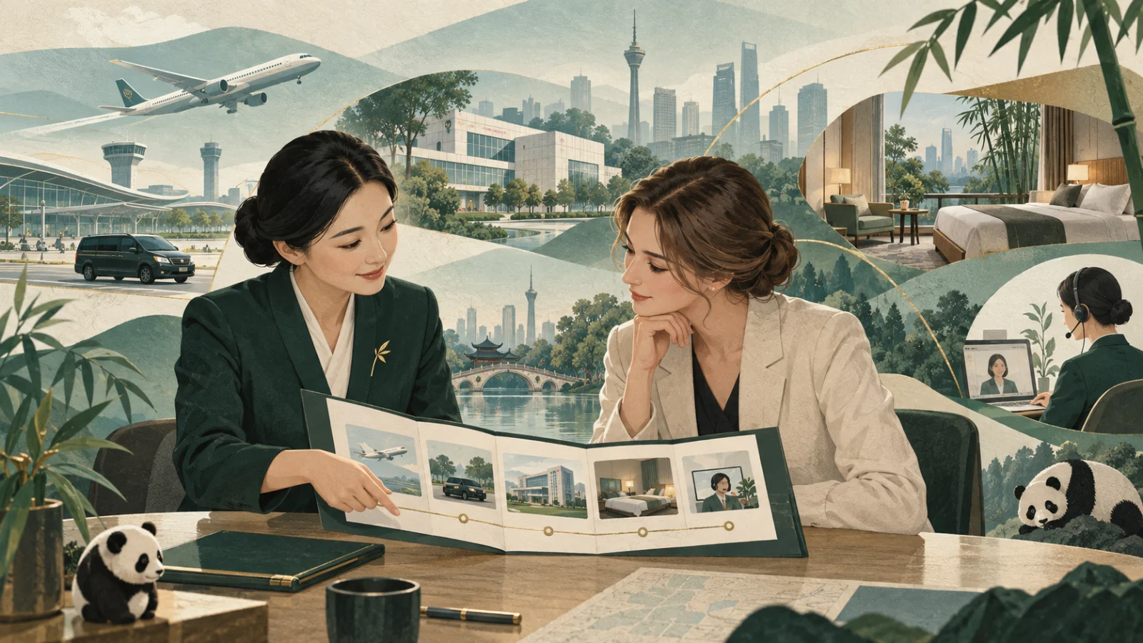 Illustration of two coordinators reviewing a medical travel plan, with hospital, transport, accommodation and follow-up support scenes.